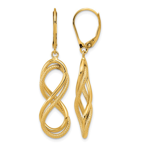 14K Yellow Gold Hollow Polished Textured Infinity Leverback Drop Earrings, 45.18 mm