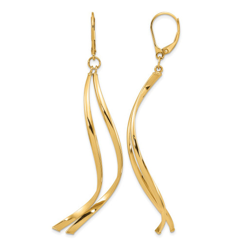 14K Yellow Gold Hollow Polished Leverback Drop Earrings, 73.25 mm