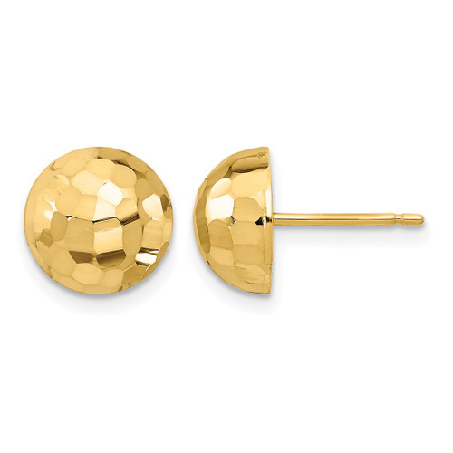 14K Yellow Gold Hollow Polished Diamond-Cut 10 mm Button Stud Earrings, 9.9 mm Long