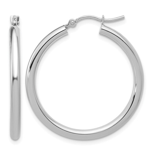 Rhodium-Plated 14K White Gold Hollow Polished 2.5 mm Lightweight Tube Hoop Earrings, 30 mm Long