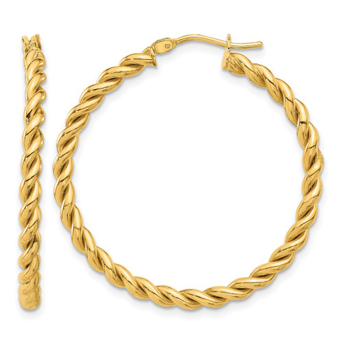 14K Yellow Gold Polished Twist Hoop Earrings, 35 mm