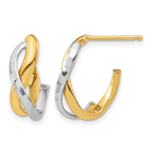 14K Yellow Gold Hollow with Rhodium Polished/Diamond-Cut J-Hoop Post Earrings, 16.67 mm