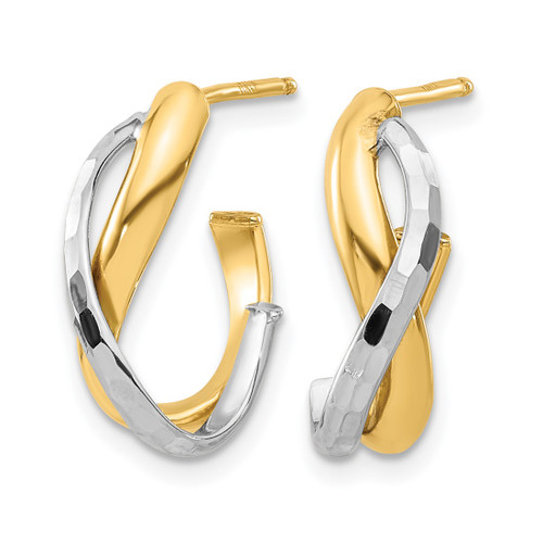 14K Yellow Gold Hollow with Rhodium Polished/Diamond-Cut J-Hoop Post Earrings, 16.67 mm - View 2