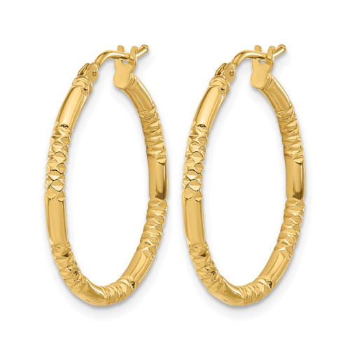 14K Yellow Gold Hollow Polished and Textured Hoop Earrings, 25 mm - View 2