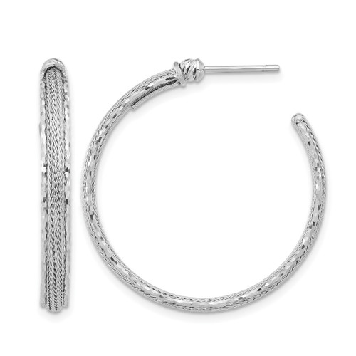 Rhodium-Plated 14K White Gold Diamond-Cut and Textured Post Hoop Earrings, 32.75 mm
