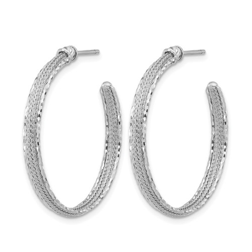 Rhodium-Plated 14K White Gold Diamond-Cut and Textured Post Hoop Earrings, 32.75 mm - View 2