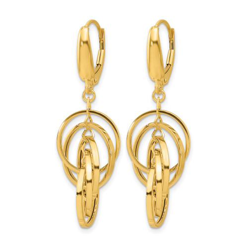 14K Yellow Gold Polished Circles Dangle Leverback Earrings, 42 mm - View 2
