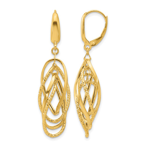 14K Yellow Gold Polished and Textured Ovals Dangle Leverback Earrings, 48.65 mm