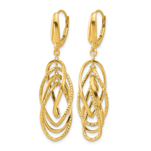 14K Yellow Gold Polished and Textured Ovals Dangle Leverback Earrings, 48.65 mm - View 2