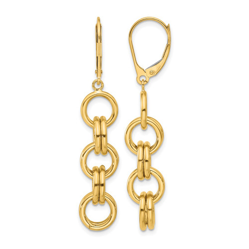 14K Yellow Gold Polished Circle Links Dangle Leverback Earrings, 47.5 mm