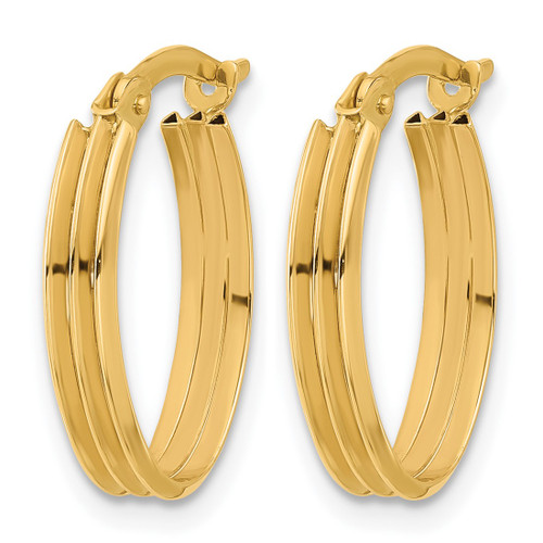 14K Yellow Gold Polished and Grooved Oval Hoop Earrings, 18.43 mm - View 2