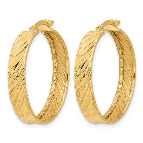 14K Yellow Gold Polished and Textured Round Hoop Earrings, 27 mm - View 2
