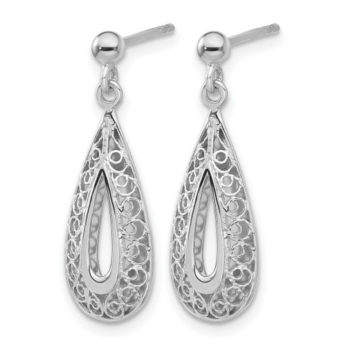 Rhodium-Plated 14K White Gold Hollow Filigree Teardrop Post Dangle Earrings, 26.03 mm - View 2