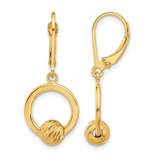 14K Yellow Gold Polished and Diamond-Cut Beads Leverback Drop Earrings, 31.59 mm