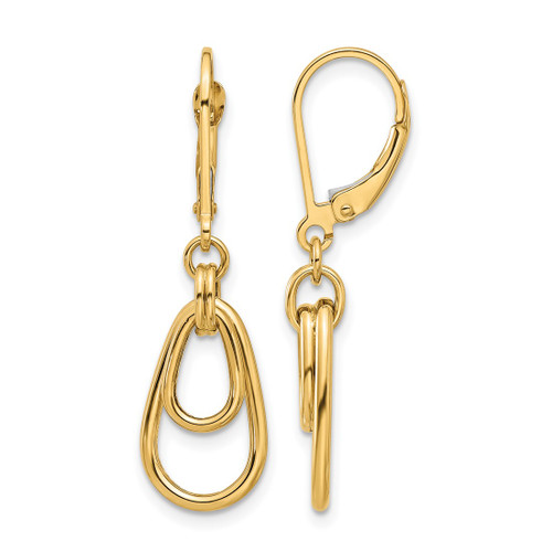 14K Yellow Gold Polished Teardrop Dangle Leverback Earrings, 33.81 mm