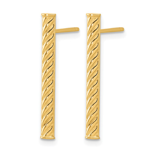 14K Yellow Gold Polished and Textured Bar Post Drop Earrings, 25.47 mm - View 2