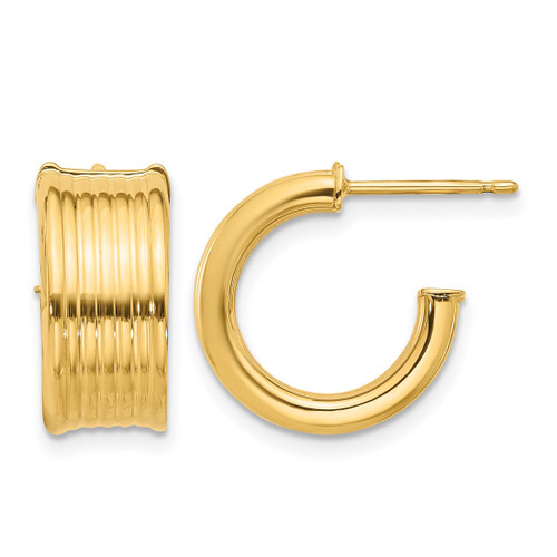 14K Yellow Gold Polished and Grooved J-Hoop Post Earrings, 15.5 mm