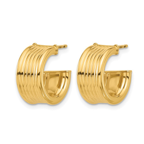 14K Yellow Gold Polished and Grooved J-Hoop Post Earrings, 15.5 mm - View 2