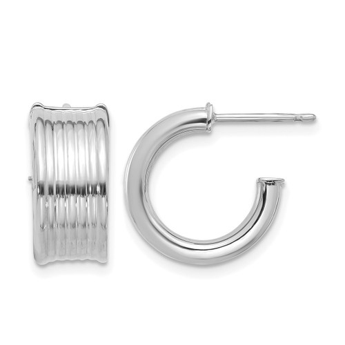 14K Yellow Gold with White Rhodium-Plated Polished and Grooved J-Hoop Post Earrings, 15.5 mm