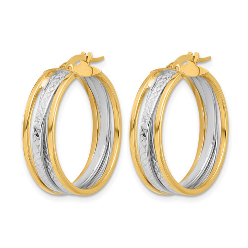 14K Yellow Gold with Rhodium Polished and Diamond-Cut Hoop Earrings, 25 mm - View 2