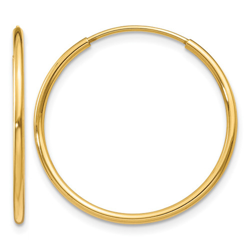 14K Yellow Gold 1.20 mm Endless Hoop Earrings, 25 mm Long