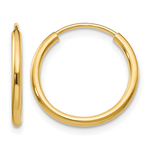 14K Yellow Gold 1.50 mm Polished Round Endless Hoop Earrings, 16 mm Long