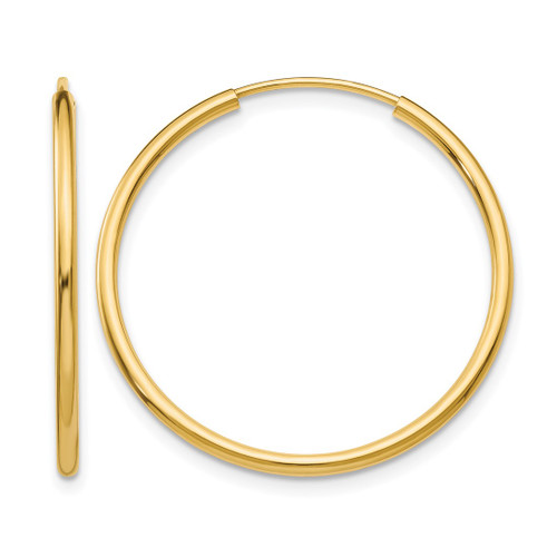 14K Yellow Gold 1.50 mm Polished Round Endless Hoop Earrings, 25 mm Long