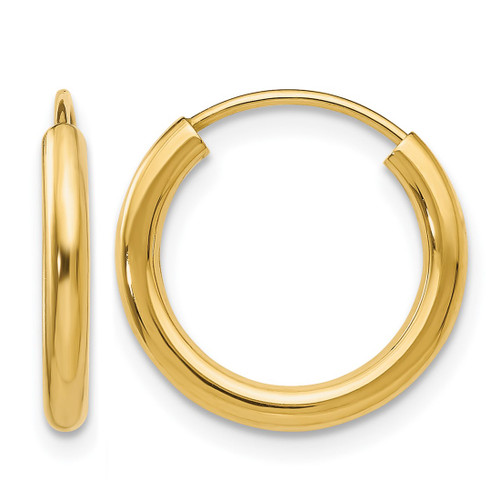 14K Yellow Gold Polished Round Endless 2 mm Hoop Earrings, 15 mm Long