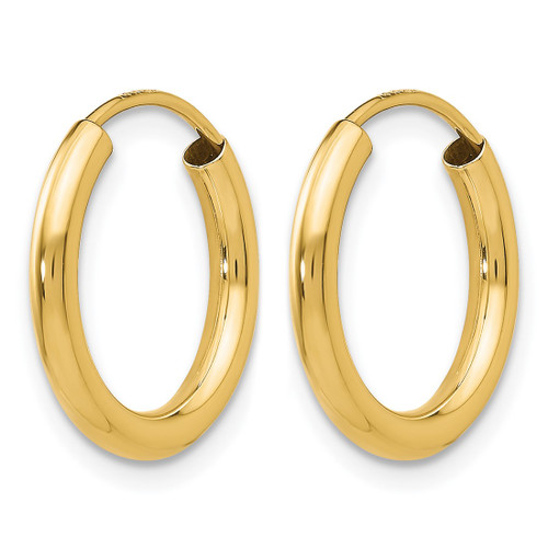 14K Yellow Gold Polished Round Endless 2 mm Hoop Earrings, 15 mm Long - View 2