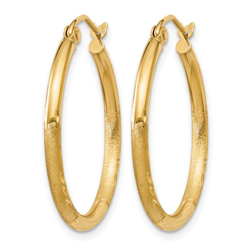 14K Yellow Gold Hollow Satin and Diamond-Cut 2 mm Round Tube Hoop Earrings, 25 mm Long - View 2