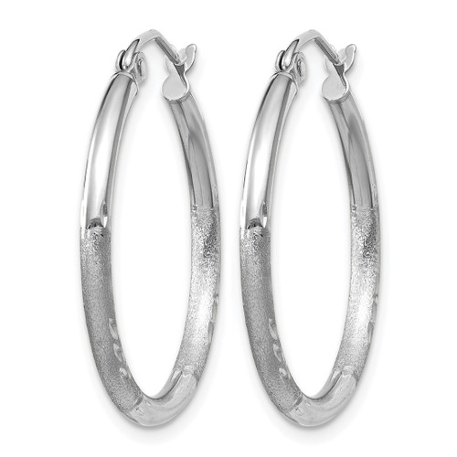 Rhodium-Plated 14K White Gold Hollow Satin and Diamond-Cut 2 mm Round Hoop Earrings, 25 mm Long - View 2