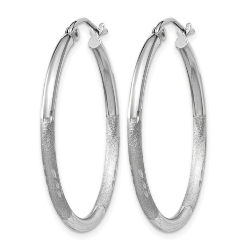 Rhodium-Plated 14K White Gold Hollow Satin and Diamond-Cut 2 mm Round Hoop Earrings, 30 mm Long - View 2