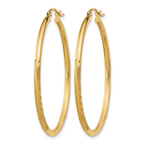 14K Yellow Gold Hollow Satin and Diamond-Cut 2 mm Round Tube Hoop Earrings, 40 mm Long - View 2