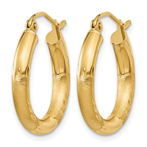 14K Yellow Gold Hollow Satin and Diamond-Cut 3 mm Round Hoop Earrings, 20 mm Long - View 2