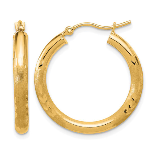 14K Yellow Gold Hollow Satin and Diamond-Cut 3 mm Round Hoop Earrings, 25 mm Long