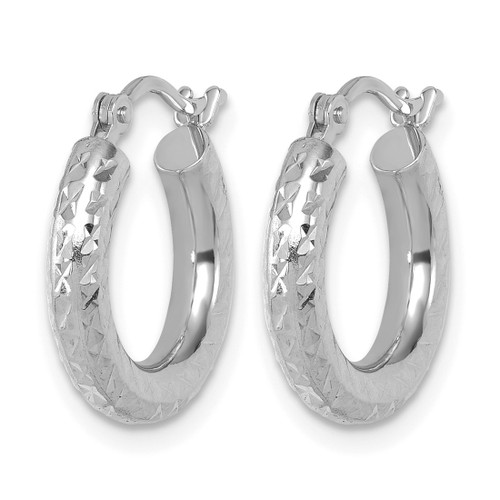 Rhodium-Plated 14K White Gold Hollow Diamond-Cut 3 mm Round Hoop Earrings, 16 mm Long - View 2