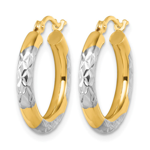14K Yellow Gold with Rhodium Diamond Cut 3 mm Hoop Earrings, 20 mm Long - View 2