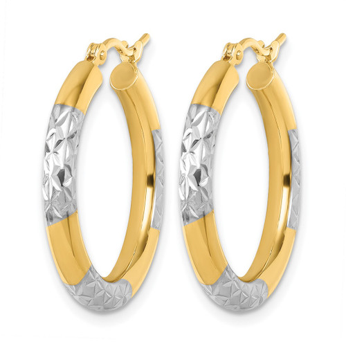 14K Yellow Gold with Rhodium Diamond Cut 3 mm Hoop Earrings, 25 mm Long - View 2