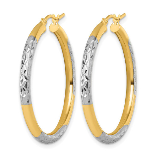 14K Yellow Gold with Rhodium Diamond Cut 3 mm Hoop Earrings, 35 mm Long - View 2