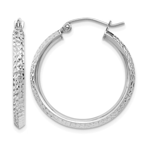 Rhodium-Plated 14K White Gold Hollow Knife Edge Diamond-Cut 2.5 x 25 mm Hoop Earrings