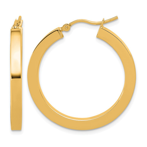 14K Yellow Gold Hollow 3 mm Polished Square Hoop Earrings, 30 mm Long