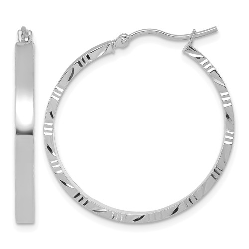 Rhodium-Plated 14K White Gold Hollow Diamond-Cut Edge Large 3 mm Polished Hoop Earrings, 30 mm Long