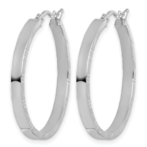 Rhodium-Plated 14K White Gold Hollow Diamond-Cut Edge Large 3 mm Polished Hoop Earrings, 30 mm Long - View 2