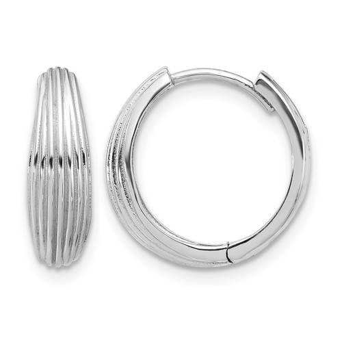 Rhodium-Plated 14K White Gold Polished and Grooved Hinged Hoop Earrings, 15.5 mm