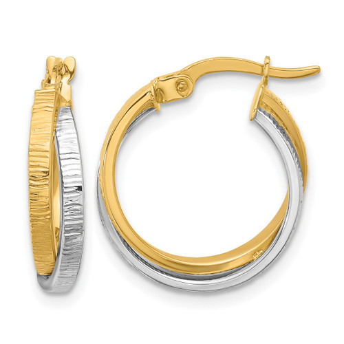 Rhodium-Plated 14K Two-Tone Gold Polished and Textured Bypass Hoop Earrings, 19 mm