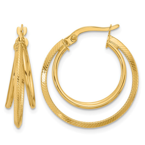 14K Yellow Gold Polished and Textured Triple Row Hoop Earrings, 24.5 mm