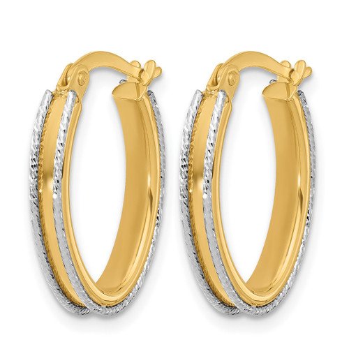 Rhodium-Plated 14K Two-Tone Gold Hollow Polished and Diamond-Cut Oval Hoop Earrings, 20.25 mm - View 2