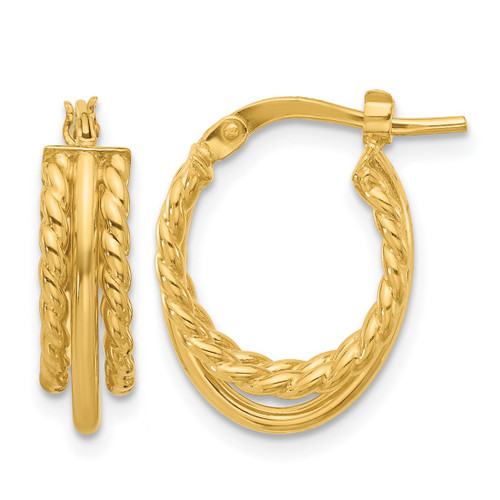 14K Yellow Gold Polished and Textured 3-Row J-Hoop Post Earrings, 19.4 mm