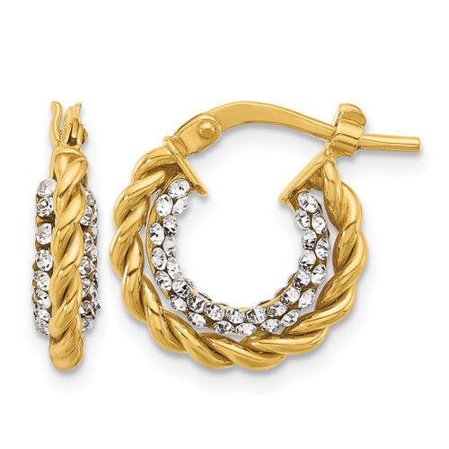 14K Yellow Gold Hollow Polished with Crystals Twisted Hoop Earrings, 15.5 mm