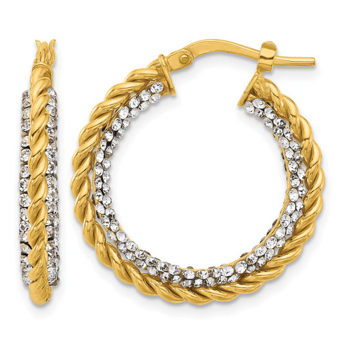 14K Yellow Gold Hollow Polished with Crystals Twisted Hoop Earrings, 24.5 mm